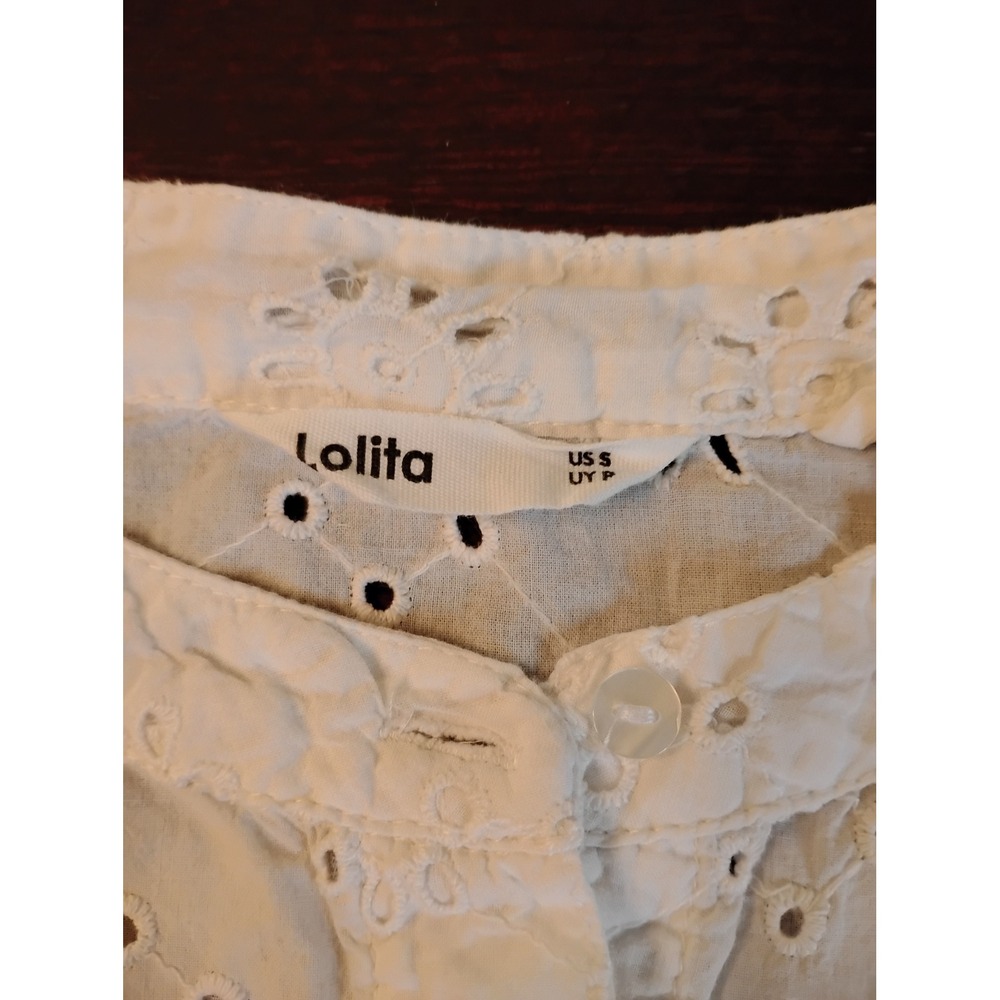Lolita White Eyelet Cotton Ruffle Blouse Long Sleeve Floral Embroidery Small - Picture 3 of 10